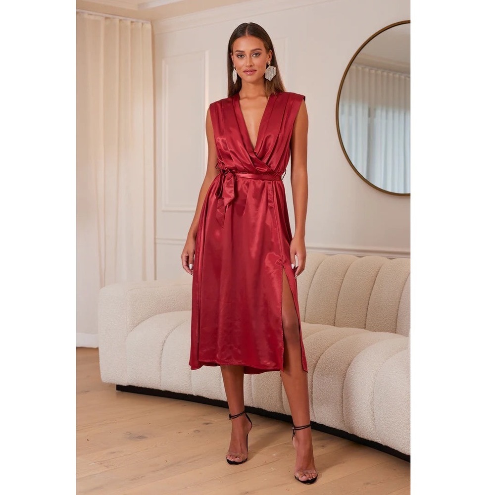 Bishop + Young Aeries Wrap Dress Womens L Dahlia Red Satin Midi V-Neck Side Slit